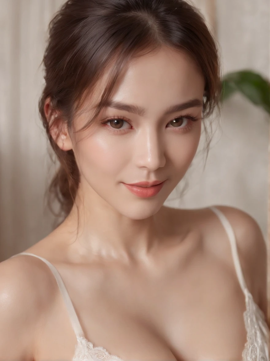 ((highest quality, 8k, masterpiece: 1.3)), (Sharp focus: 1.2), (woman, smile, Sensual), (Whole body including legs), Brunette, muscles are defined, erotic, Lying down, Spread your legs, Big Breasts: 1.3), ((Layered Haircut, Big Breasts, Big 1.2)), (Lying down, Spread your legs), (Bedroom, Double bed, Window facing the garden, Morning sun: 1.2), ((Wet body: 1.1)), (Simple and very sheer lingerie), Highly detailed face and skin texture, Fine grain, double eyelid, Sunburned skin, sexy, Sunburned