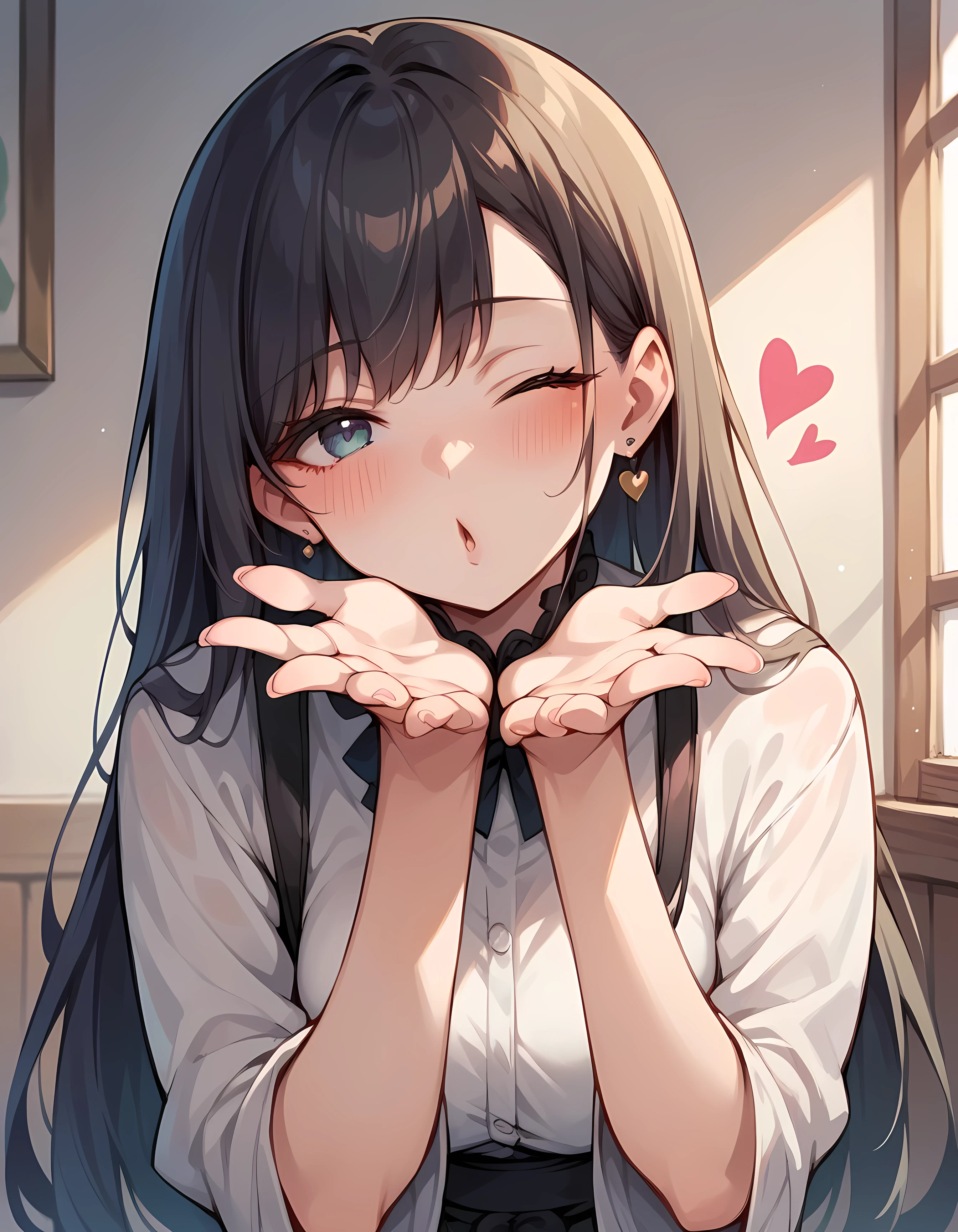 score_9, score_8_up, score_7_up, score_6_up, 1girl, long hair, blowing kiss, k1ss3s, looking at viewer, heart, one eye closed, blush