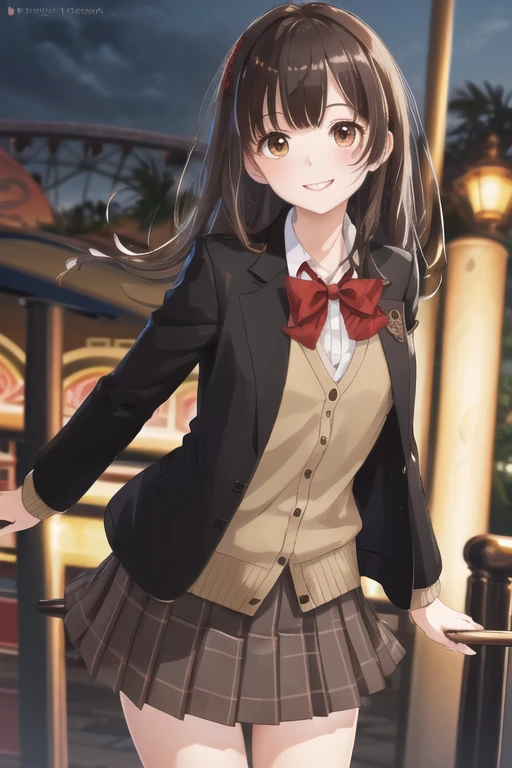 masterpiece, highest quality, High resolution, One girl, Brown Hair, Long Hair, bangs, Brown eyes, Medium chest, Red bow tie, , Black jacket, Open jacket, Brown cardigan, White shirt, Black Skirt, Checked skirt, smile, Open your mouth, Put your arms behind your back, Leaning forward, amusement park,