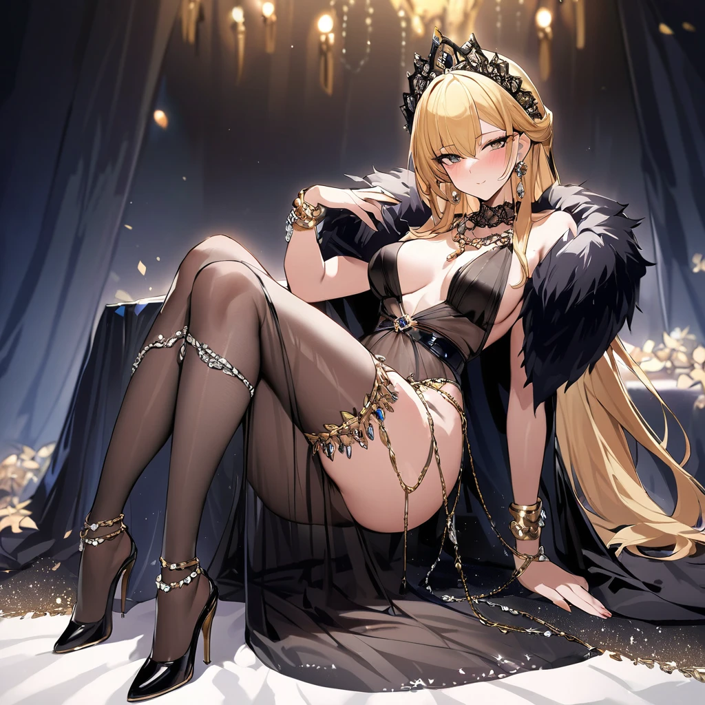 ((highest quality)), ((masterpiece)), (detailed), (Perfect Face)、She is a black queen with long blonde hair、A gorgeous black see-through dress with a long slit that lets you see through to the skin, a see-through cape with fur, a necklace with jewels, a tiara, earrings, a head dress-up chain, a waist chain, bracelets, ankle bracelets, etc.々She wears lavish jewelry and shiny black boots.