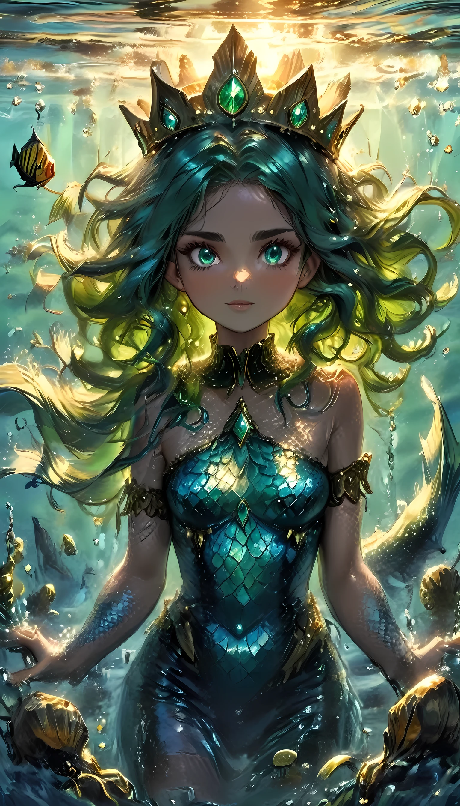 high details, best quality, 16k, ultra detailed, masterpiece, best quality, (extremely detailed), full body, ultra wide shot, RAW, photorealistic, fantasy art, dnd art, rpg art, realistic art, an ultra wide picture of a mermaid princess in steampunk times, under the sea (intricate details, Masterpiece, best quality: 1.4) , female mermaid, (blue: 1.3) skin, (green: 1,3) hair, long hair, swirling hair, intense eyes, small pointed ears, ((blue eyes)), ((glowing eyes)), wearing sea shell clothing, she wears a crown  studded with gems(intricate details, Masterpiece, best quality: 1.4),  beautiful mermaid, you can see rich underwater life, fish, riff, dynamic fantasy blue beach background ((magical atmosphere)), high details, best quality, highres, ultra wide angle, ggmine, Dark Novel