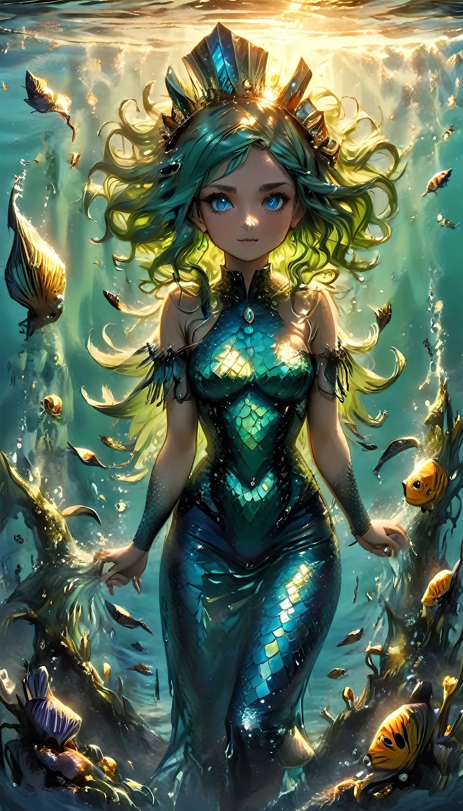 high details, best quality, 16k, ultra detailed, masterpiece, best quality, (extremely detailed), full body, ultra wide shot, RAW, photorealistic, fantasy art, dnd art, rpg art, realistic art, an ultra wide picture of a mermaid princess in steampunk times, under the sea (intricate details, Masterpiece, best quality: 1.4) , female mermaid, (blue: 1.3) skin, (green: 1,3) hair, long hair, swirling hair, intense eyes, small pointed ears, ((blue eyes)), ((glowing eyes)), wearing sea shell clothing, she wears a crown  studded with gems(intricate details, Masterpiece, best quality: 1.4),  beautiful mermaid, you can see rich underwater life, fish, riff, dynamic fantasy blue beach background ((magical atmosphere)), high details, best quality, highres, ultra wide angle, ggmine, Dark Novel