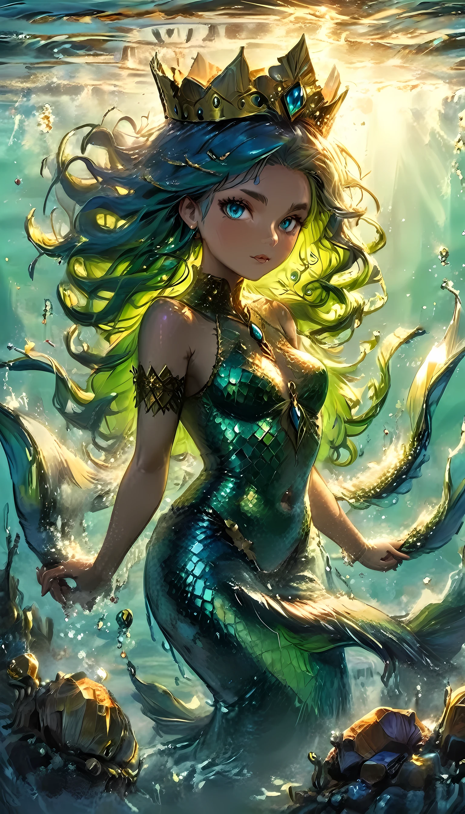 high details, best quality, 16k, ultra detailed, masterpiece, best quality, (extremely detailed), full body, ultra wide shot, RAW, photorealistic, fantasy art, dnd art, rpg art, realistic art, an ultra wide picture of a mermaid princess in steampunk times, under the sea (intricate details, Masterpiece, best quality: 1.4) , female mermaid, (blue: 1.3) skin, (green: 1,3) hair, long hair, swirling hair, intense eyes, small pointed ears, ((blue eyes)), ((glowing eyes)), wearing sea shell clothing, she wears a crown  studded with gems(intricate details, Masterpiece, best quality: 1.4),  beautiful mermaid, you can see rich underwater life, fish, riff, dynamic fantasy blue beach background ((magical atmosphere)), high details, best quality, highres, ultra wide angle, ggmine, Dark Novel