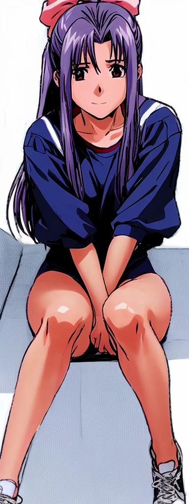 Momoko Koigakubo, a tall girl with beautiful legs, is sitting with a smile on her face, wearing white gym clothes and light navy blue bloomers that look like panties, with her legs spread wide to the sides.。Angle from below。