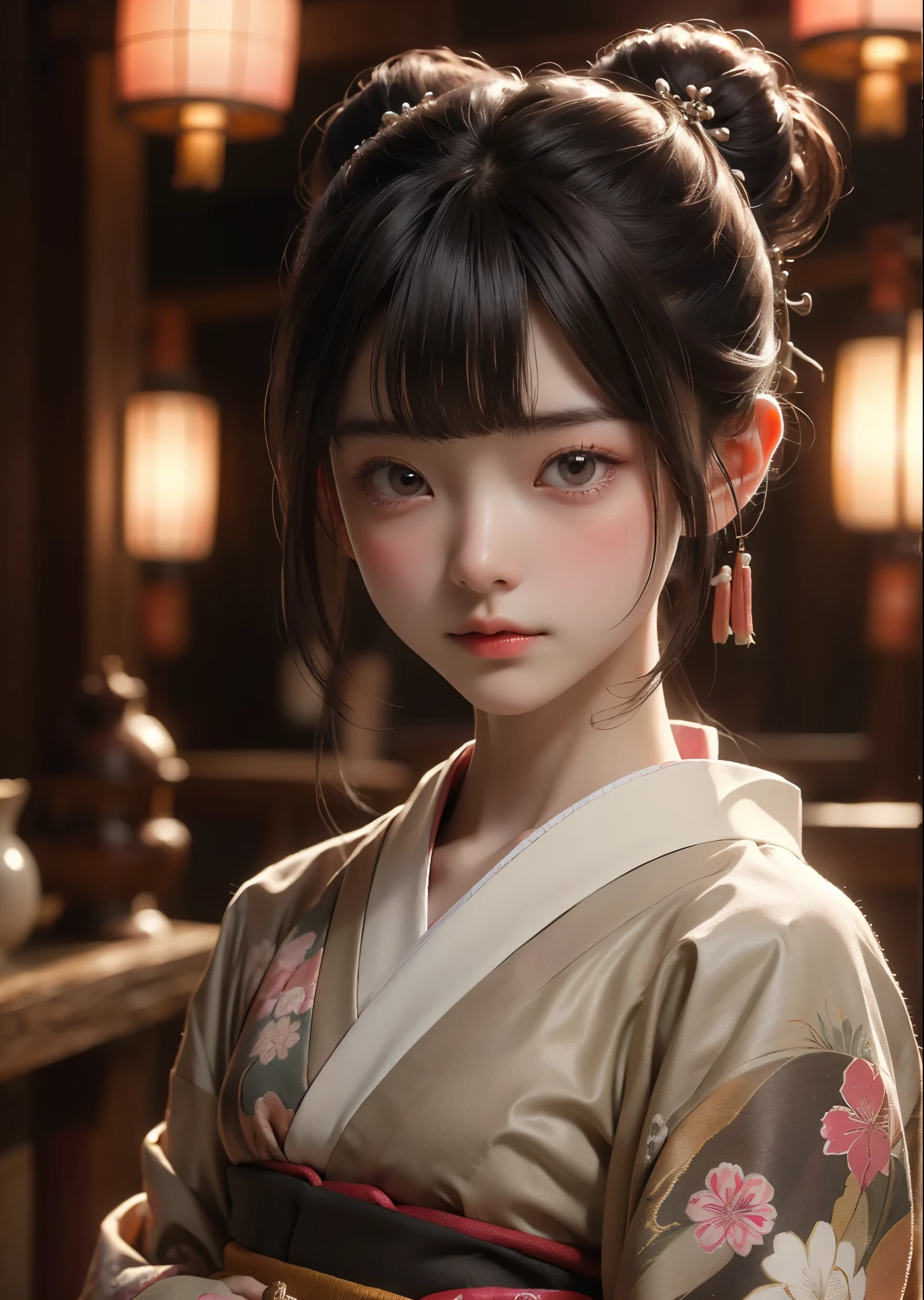 (masterpiece, highest quality, highest quality, Official Art, beautifully、aesthetic:1.2)、Portrait Photography、 (1 Japanese kimono beautiful girl)、A gorgeous kimono worn by women at Japanese Coming of Age ceremonies、The collar is nicely closed、A perfect example of how to wear a kimono、Big brown eyes、Beautiful skin、A little embarrassing、(Updo with bangs)、hair ornaments、Very detailed,(Japanese-style room:1.3)、Cinematic lighting、Sharp focus、High resolution、High resolution、High color rendering、High resolution、Super realistic、