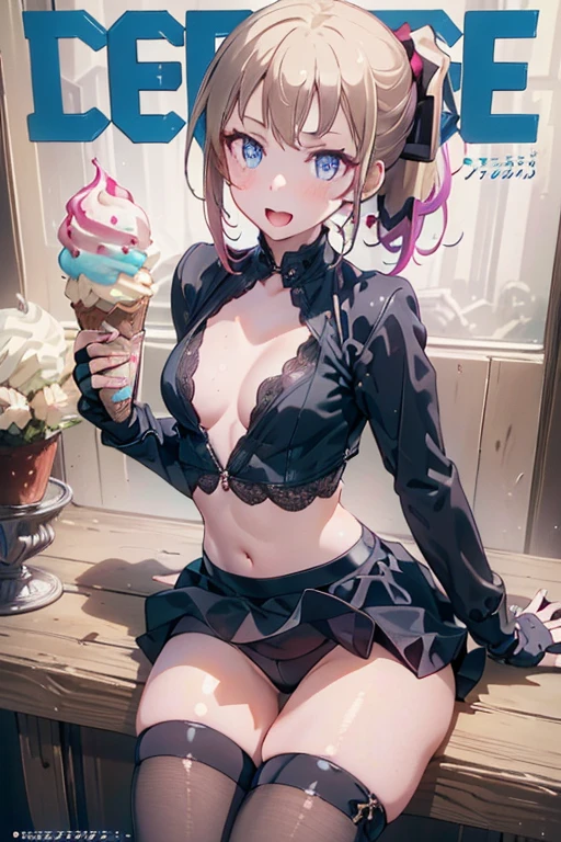 1 girl, small nose, very beautiful detailed face and eyes, bright colors, cute face, delicate beautiful face, Bright magenta eyes, cute eyes, sparkling eyes, Big eyes, (small breasts:1.3), (perky chest:1.1), (pointed chest:1.0), (icecream magazine cover:1.3)，highest quality, WorKs of masters, High resolution,BlacK color hair，shiny hair, side ponytail,hair between eyes,bangs, (black jacket, real clothes, cleavage, black skirts, black thighhighs, thigh strap, fingerless gloves, single glove:1.2) , spread legs, panties shot, medium hips, glamorous body, white skin, smile, thin pubric hair, super beautiful face, Super beautiful eyes, Super beautiful hair，trendy outfit，sexy and attractive,full body esbian, Real World, Natural light,perfect Natural light,(with sparkling eyes and a contagious smile), This masterpiece is not only visually stunning but also tells, make of cake cooking , in the kitchen, open mouth, looking at viewer,
