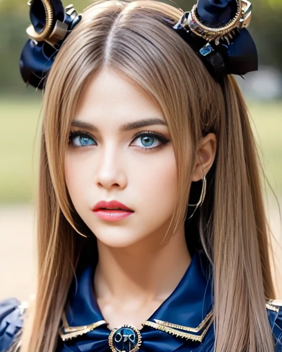 (((obra maestra, Calidad superior, ultra detallado))), (((1 Chica Maga del Infinito))), 14 years old, (((cara muy detallada))), small and thin nose, small mouth with thin lips, (((ojos muy enfocados))), Very large slit precision  blue eyes, brillando como joyas. very long eyelashes, Cabello largo y rubio en rizos verticales rubios, con flecos, ((moda steampunk, gothic lolita fashion))