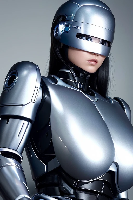 ((best quality)), ((masterpiece)), (detailed),40-year-old Japanese woman transforms into Robocop、Long black hair、Antenna-shaped mechanical ears、Blue Eyes、Silver metallic body、Big Tits、Glamour、Expressionless、Robot Joints、robot pose、Background is the research institute