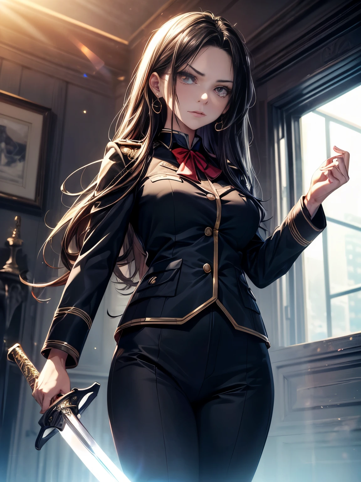 best lighting) , (super-complex details) , 4K unified, (super-detailed CG: 1.2) , (8K: 1.2),(original), (masterpiece) , (best quality),(Masterpiece:1.4),Anime-ish high quality,(masterpiece),masterpiece, best quality, absurdres,((Masterpeace, 4k, 8k, highres)),(masterpiece), (best quality), (ultra-detailed), (an extremely delicate and beautiful), ((cowboy shot)), 1 woman, ,1girl, extremely detailed girl, busty girl, .of the highest quality、masutepiece、ultra-detailliert、1womanl、Solo、25-years old、、(Jet black uniform:1.3)、(Lens Flare:1.4)、(angry looking face:1.2)、,Forehead, Shiny hair, Delicate beautiful face, (scary atmosphere:1.2),Looking at Viewer、a red military uniform、(Ruby eyes:1.4),(Holding a sword in his hand:1.3)、Midnight Ruins,red necklace、red earrings、Dark scenery