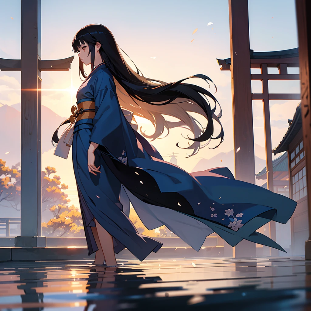 Generate a high-definition AI image featuring a young woman with long black hair and hazel eyes, adorned in a blue kimono with white and red details, standing in a Japanese temple. The background bustling with people, capturing premium atmospheric effects, reflections, and shadows. Embodying the Makoto Shinkai style, emphasize composition, symmetry, and fluid motion. Infuse an ethereal aesthetic reminiscent of anime and manga. Utilize warm colors and sunny lighting akin to documentary photography.