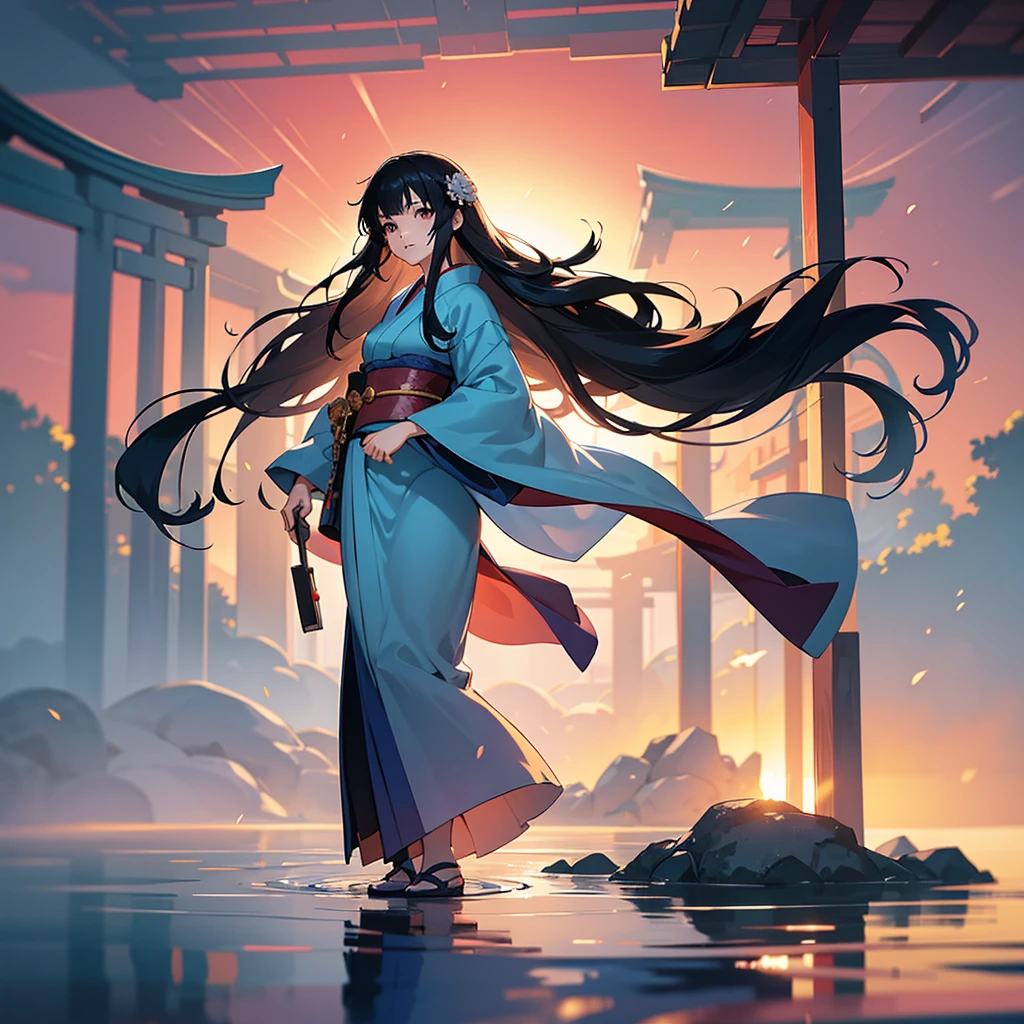 Generate a high-definition AI image featuring a young woman with long black hair and hazel eyes, adorned in a blue kimono with white and red details, standing in a Japanese temple. The background bustling with people, capturing premium atmospheric effects, reflections, and shadows. Embodying the Makoto Shinkai style, emphasize composition, symmetry, and fluid motion. Infuse an ethereal aesthetic reminiscent of anime and manga. Utilize warm colors and sunny lighting akin to documentary photography.