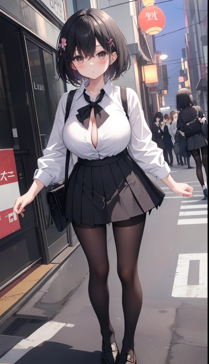 One Girl、positive、Standing posture、Full body portrait、Black Hair、Medium Haircut、blush、Absolute area、Black knee-high socks、Knee-length、stockings、Black Pantyhose、No panties、No bra、Round-neck blouse、mini skirt、Japanese high school students、Summer clothes、Night entertainment district、night、（Very large breasts）、Cleavage、open chest shirt、((Lesbians around the world))、masterpiece、（highest quality）、
Panties around the ankles、Black Loafers、Shirt buttons fly off、Unbutton your shirt、Exposing the breasts、Bare your breasts、Very large breasts、Big breasts that can&#39;t be hidden、Crouch down