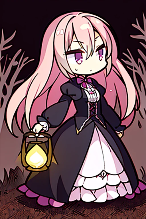 A pink haired woman with violet eyes and an hourglass figure in a Gothic lolita dress is walking with a lantern in the creepy forest