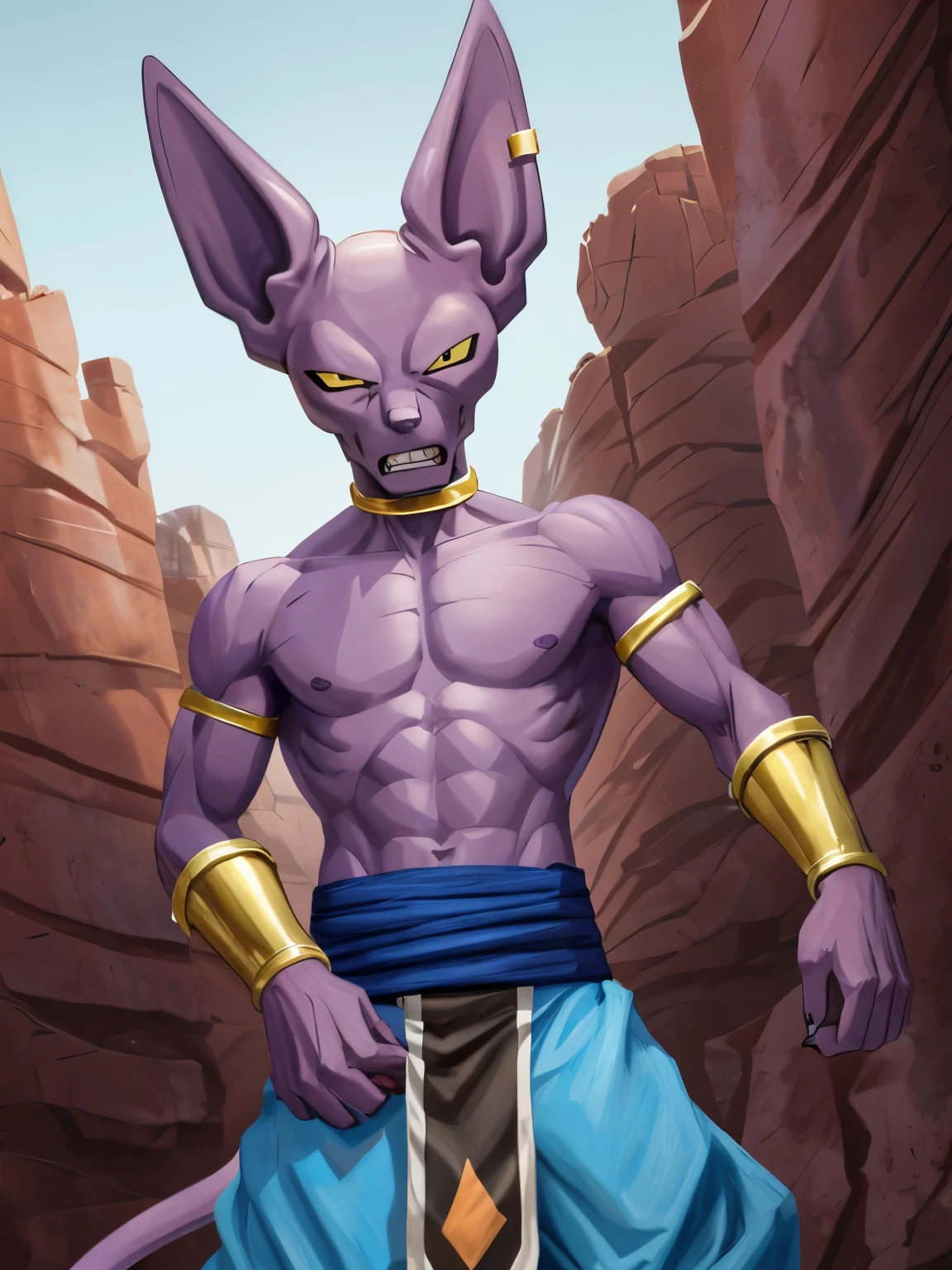 ((best quality, masterpiece, perfect anatomy, detailed picture)), ripping clothes with hand,skinny ,topless,broken Beerus's outfits, 1male, (angry:1.5),Beerus, adult, purple skins, yellow sclera, slit black eyes,a little muscle body, an earring in the right ear, neck ring, long tail, in the wasteland