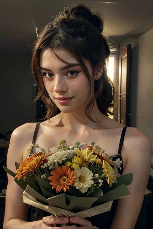 1 woman with her hair up holding a bouquet of flowers in her hands, smile, (masterpiece:1.2), (intricate details:1.2), cinematic lighting, realism, realistic, RAW photo, 4k , high resolution, extremely intricate, photorealistic, selective focus, best quality, photo, real, extremely detailed, amazing, fine detail, rich colors, hyper realistic realistic texture, spectacular lighting, unreal engine, trending on artstation, cinestill tungsten 800, high quality , sharp focus, 8k uhd, absurd