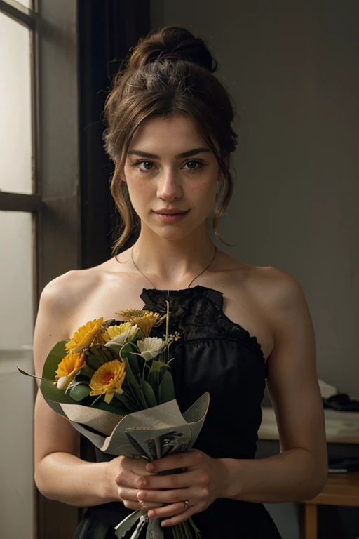 1 woman with her hair up holding a bouquet of flowers in her hands, smile, (masterpiece:1.2), (intricate details:1.2), cinematic lighting, realism, realistic, RAW photo, 4k , high resolution, extremely intricate, photorealistic, selective focus, best quality, photo, real, extremely detailed, amazing, fine detail, rich colors, hyper realistic realistic texture, spectacular lighting, unreal engine, trending on artstation, cinestill tungsten 800, high quality , sharp focus, 8k uhd, absurd