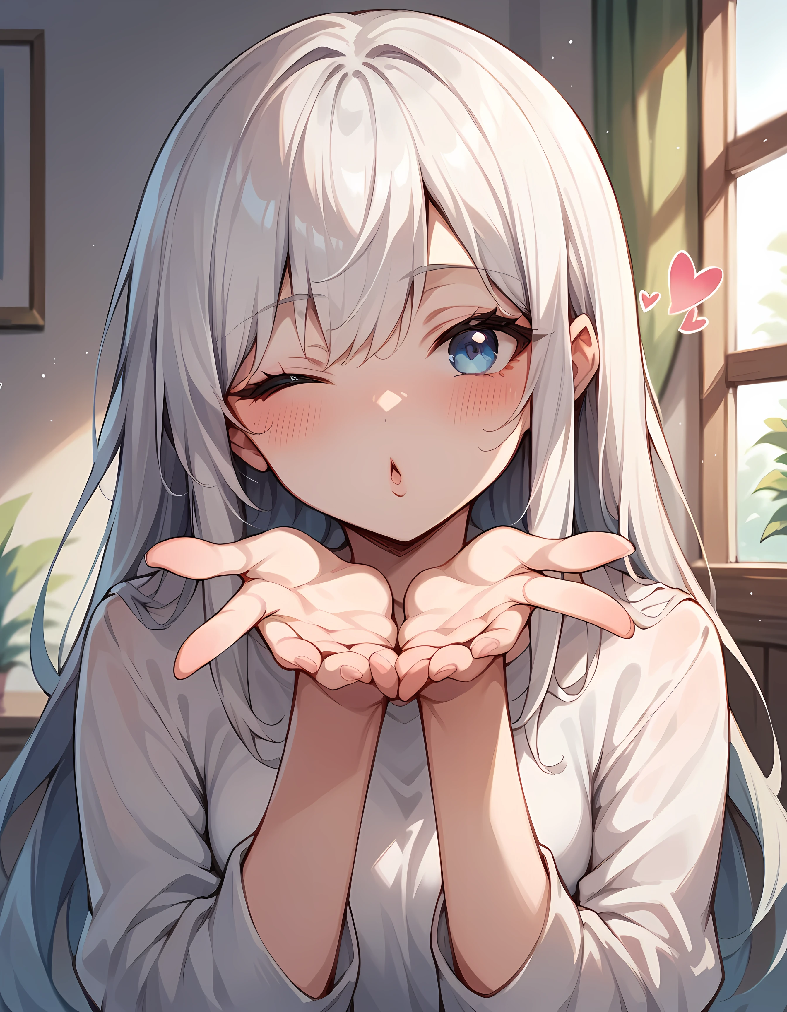 score_9, score_8_up, score_7_up, score_6_up, 1girl, white hair, blue eyes, long hair, blowing kiss, k1ss3s, looking at viewer, heart, one eye closed, blush