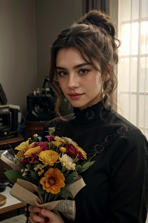 1 woman with her hair up holding a bouquet of flowers in her hands, smile, (masterpiece:1.2), (intricate details:1.2), cinematic lighting, realism, realistic, RAW photo, 4k , high resolution, extremely intricate, photorealistic, selective focus, best quality, photo, real, extremely detailed, amazing, fine detail, rich colors, hyper realistic realistic texture, spectacular lighting, unreal engine, trending on artstation, cinestill tungsten 800, high quality , sharp focus, 8k uhd, absurd