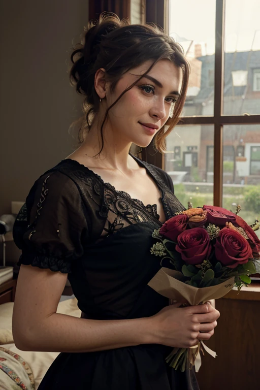 1 woman with her hair up holding a bouquet of flowers in her hands, smile, (masterpiece:1.2), (intricate details:1.2), cinematic lighting, realism, realistic, RAW photo, 4k , high resolution, extremely intricate, photorealistic, selective focus, best quality, photo, real, extremely detailed, amazing, fine detail, rich colors, hyper realistic realistic texture, spectacular lighting, unreal engine, trending on artstation, cinestill tungsten 800, high quality , sharp focus, 8k uhd, absurd