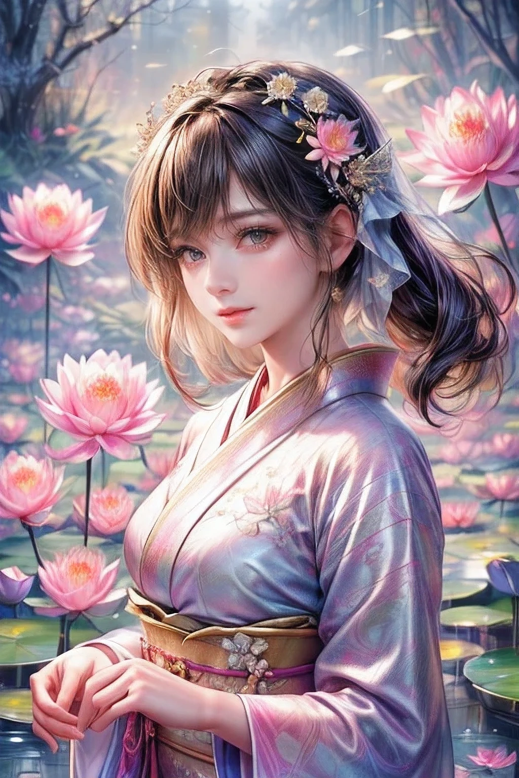 multiple exposure, masterpiece:1.2, highest quality, 16k, highres, ultra-realistic, photorealistic:1.37, beautiful detailed:1.2, cute girl, walking in a water lilies pond side,pond(colorful water lilies, full of water lilies), beautiful delicate elegant kimono with a water lilies motif, Beautiful and elegant pose, gently smile, beautiful delicate(hair, face, long eyelash, eyes, pupils, lips, kimono, water lilies, pond), sparkling eyes, shining rosy lips, blushed cheek, through bangs