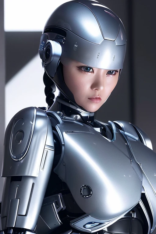 ((best quality)), ((masterpiece)), (detailed),40-year-old Japanese woman transforms into Robocop、Long black hair、Antenna-shaped mechanical ears、Blue Eyes、Silver metallic body、Big Tits、Glamour、Expressionless、Robot Joints、robot pose、Background is the research institute、Emphasis on emotionless robots、Sex Robots、Sex Robot