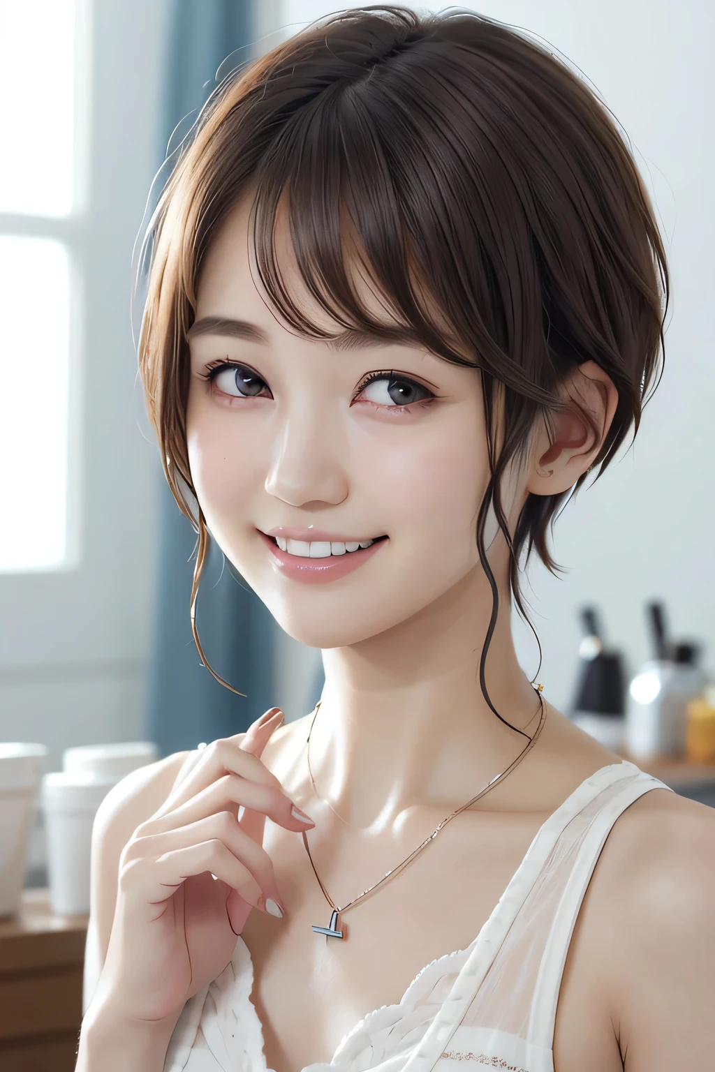 205 ((short hair)), 20-year-old female, In underwear、Put a cardigan over your shoulders、 A refreshing smile、Beautiful teeth alignment、Dark eyeliner、Dark brown hair、ear piercing、Necklace around the neck、Looking at the camera