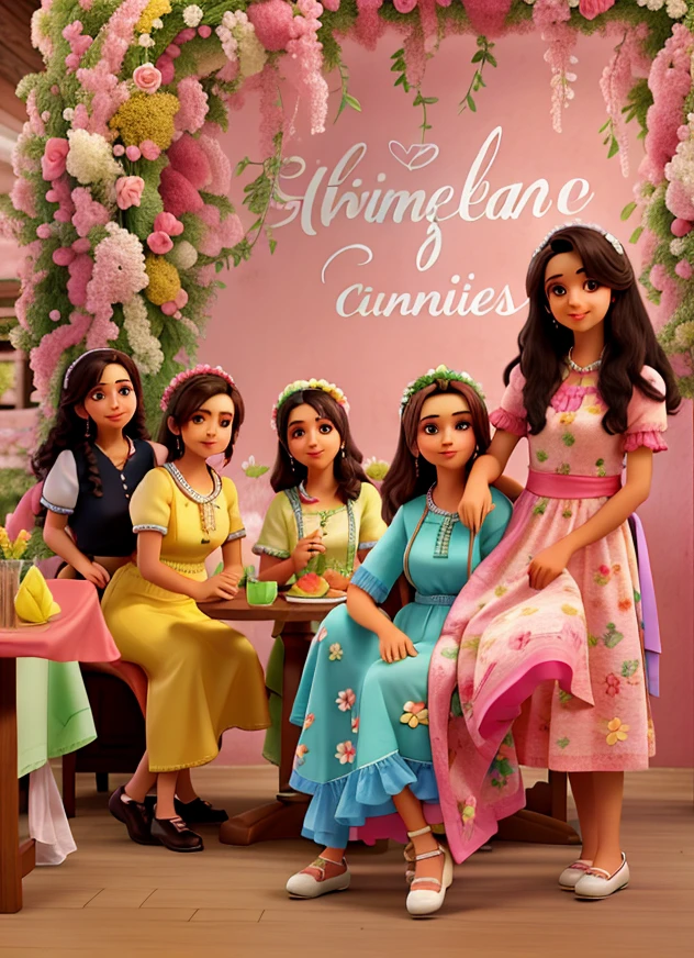 Cinco amigas reunidas,  posando para um fundo cor de rosa com muitas flores dentro de uma linda cafeteria