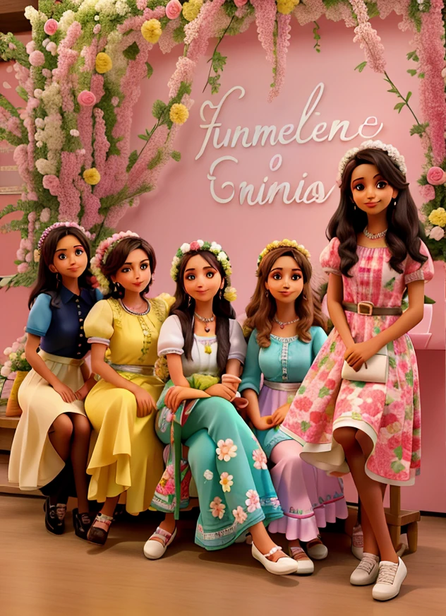 Cinco amigas reunidas, posando para um fundo cor de rosa com muitas flores dentro de uma linda cafeteria