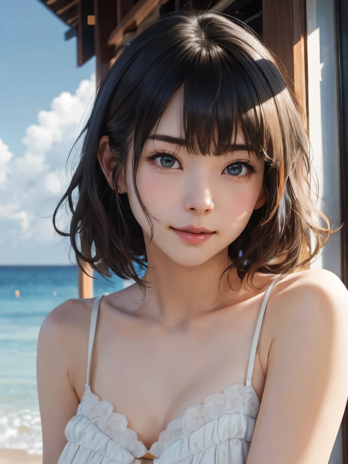 1 girl、highest quality、Realistic、alone、Written boundary depth、Natural soft light、Daytime、charm、Beautiful Face、Cleanliness、Pure Face、White skin、cute、short hair、prohibit、Beach、Light of the sun、Nedium Breast Body Esbian、((セーターを着たBeautiful Faceの黄金比 対称性のあるBeautiful Face))、Long neck、Listen carefully、prohibitのあるきれいな短いボブヘア、Laugh with your mouth closed、Perfect hands指、Perfect hands、Perfect body、Perfect Face、Shine a light into your eyes、Perfect Anatomy:1.4、とてもcuteスーパーモデル:1.4、{Huge|big|Hugeな|Mega} chest:2, chestの谷間:2、transparent、transparent性、Grossoisture、Shine、Cool feeling、Beautiful gradation blue sky:2