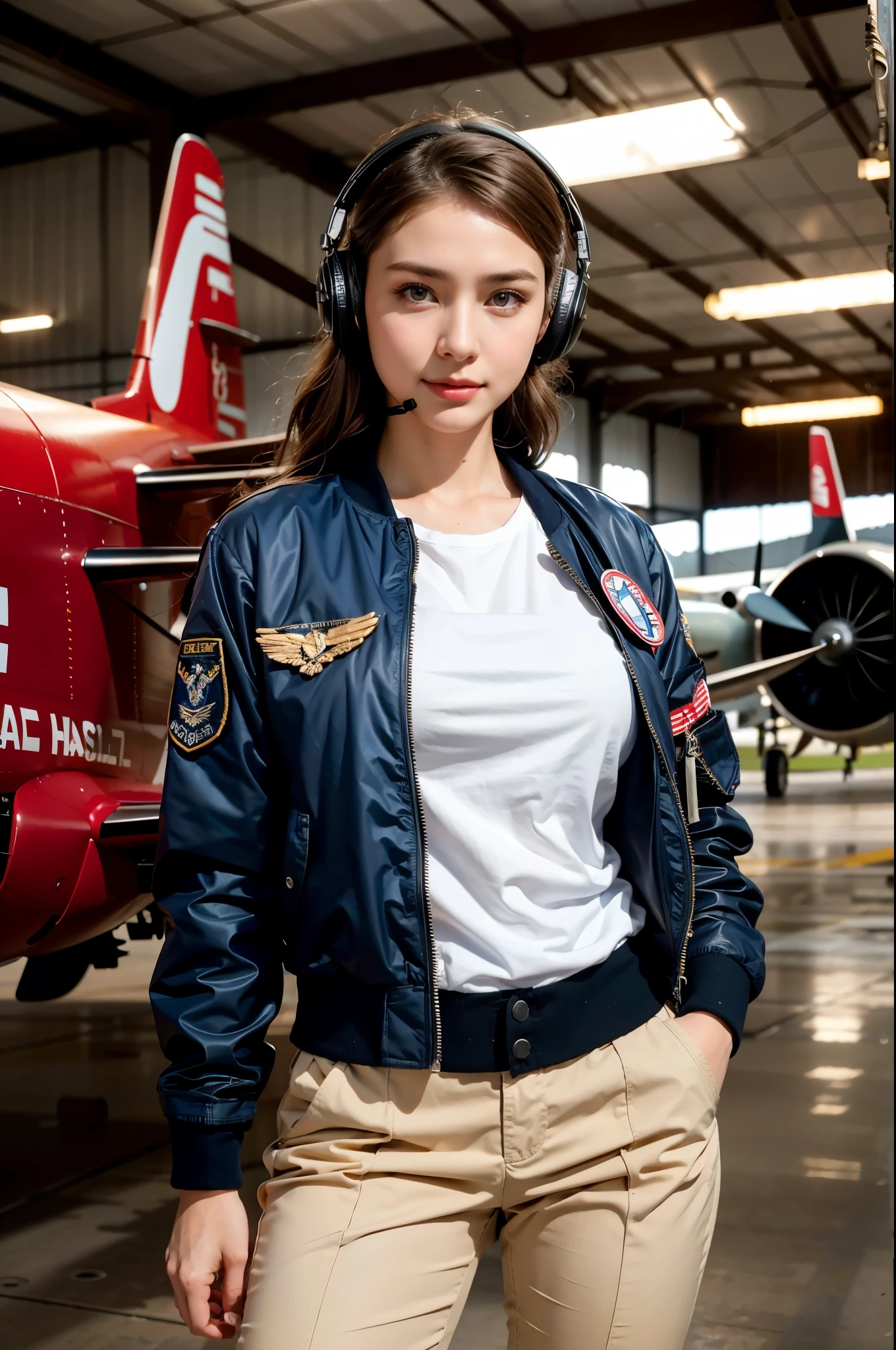 Best quality, ((insanely Realistic RAW photo)), professional photograph, intricate composition, an extremely delicate and beautiful, ultra high res, professional natural lighting and shading, ((Realistic image of a extremely pretty female Aircraft mechanic, solo)), Inside a spacious Aircraft hangar, Vintage airplanes of the World War II era line the background, (Wearing a MA-1 Flight Jacket), (Wearing a headset), (wearing short pants), faint smile, She does aircraft maintenance, very professional mechanic, ((extremely beautifully detailed eyes and face)), ((insanely beautiful natural skin texture)), (Accurate eyes), Accurate hands, Well-balanced overall body