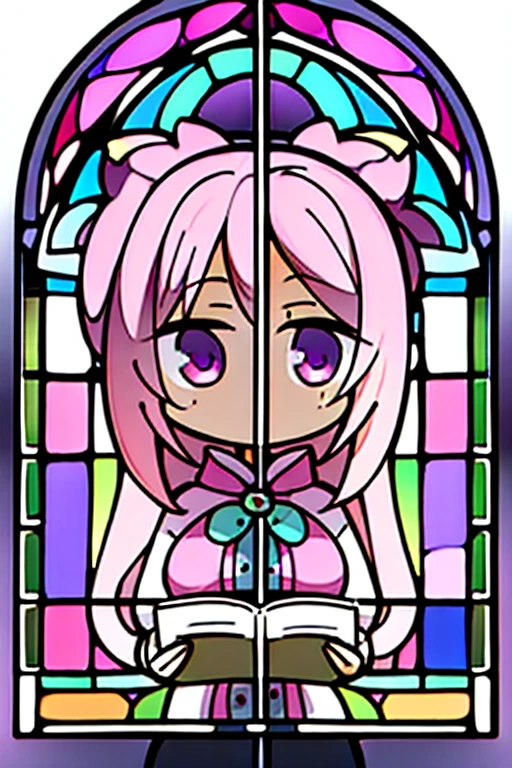 A pink haired woman with violet eyes and an hourglass figure in a Gothic lolita dress is reading in front of a stained glass window