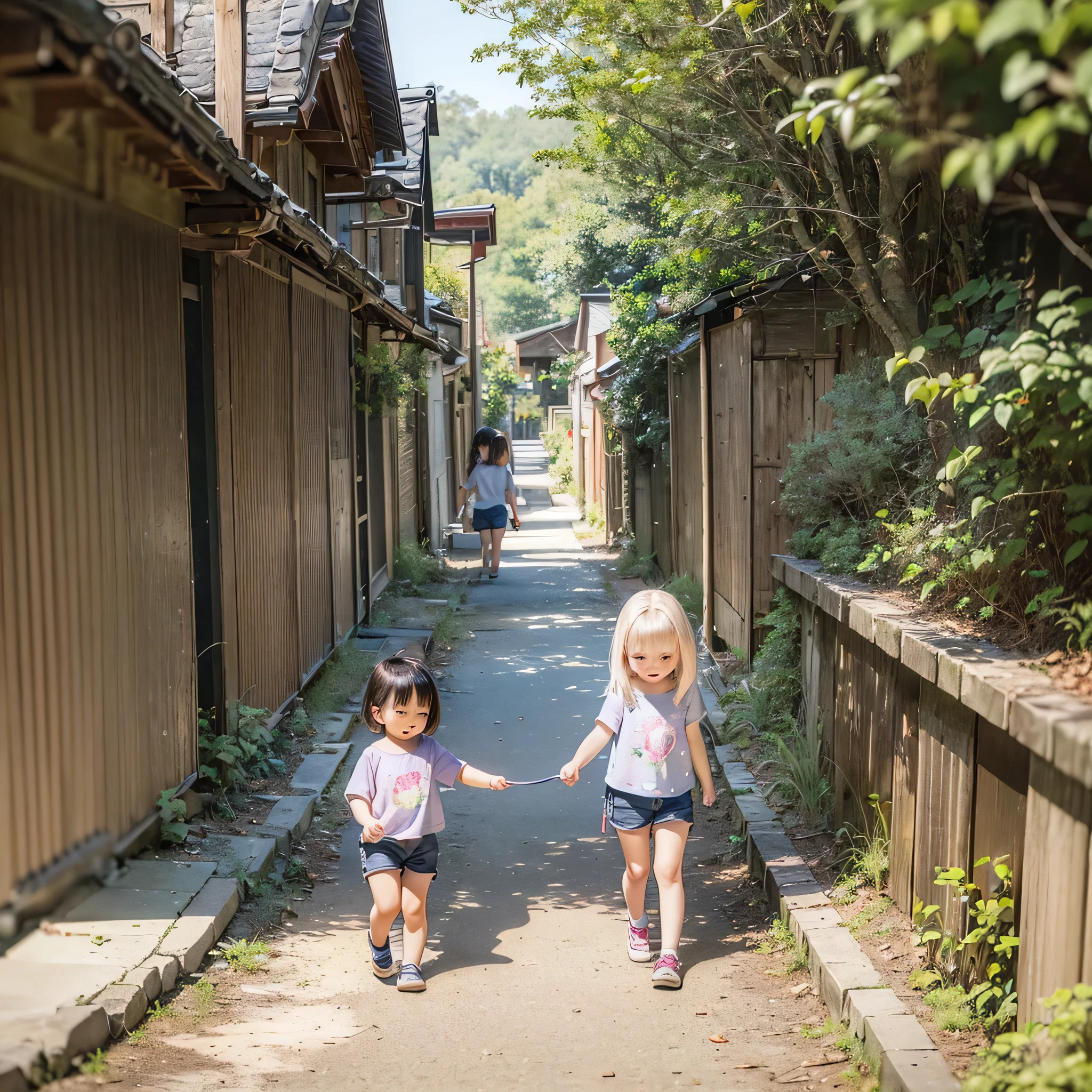 a bit, A Shiba Inu girl walking on a leash with a girl(((((child)))))