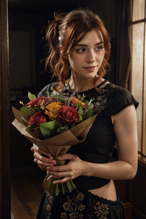 1 woman with copper-colored hair tied up holding a bouquet of flowers in her hands, smile, (masterpiece:1.2), (intricate details:1.2), cinematic lighting, realism, realistic, photo RAW, 4k, high resolution, extremely intricate, photorealistic, selective focus, best quality, photo, real, extremely detailed, amazing, fine detail, rich colors, hyper realistic realistic texture, spectacular lighting, unreal engine, trending on artstation, cinestill tungsten 800 , high quality, sharp focus, 8k uhd, absurd