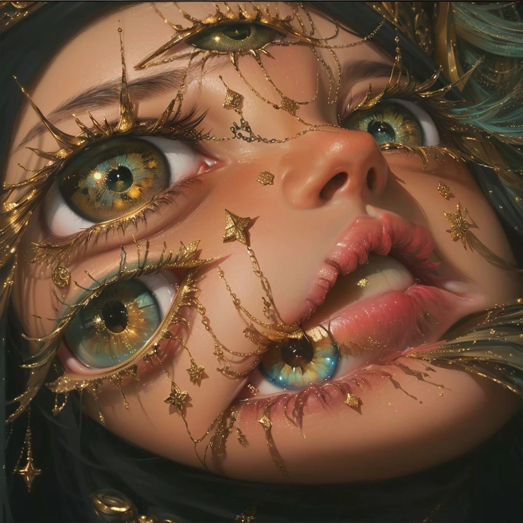 there is a woman with many eyes and golden decorations on her face, hyperrealism aesthetic, surrealismo hiper-realista, arte de fantasia hiperrealista, pintura realista detalhada, pintura detalhada realista, inspirado em Hedi Xandt, inspirado em Dino Valls, Hyperrealistic mixed media, hiperrealista altamente complexo, hyperrealistic aesthetic, pintura hiper detalhada, uma pintura hiperrealista