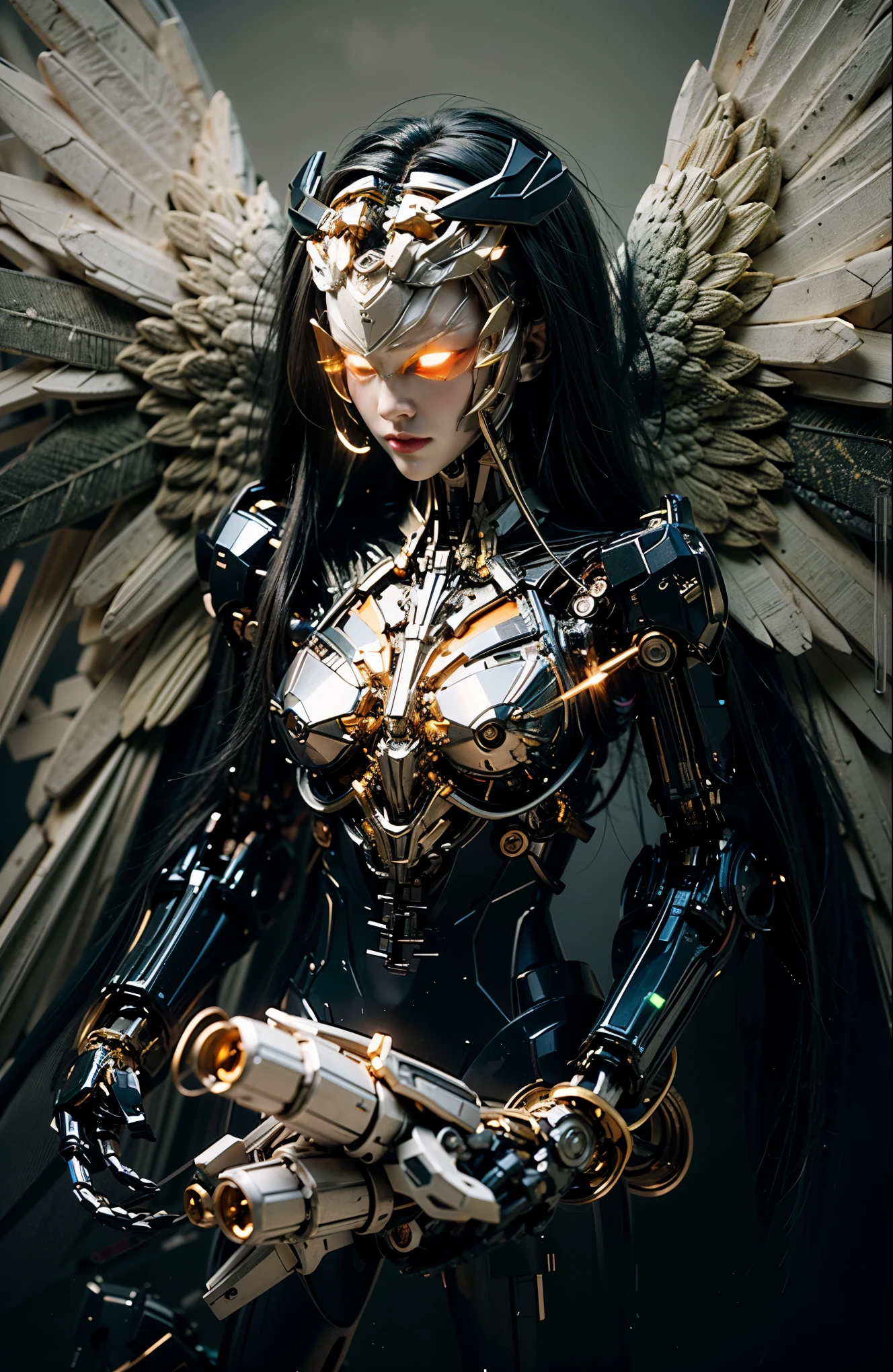 masterpiece, best quality, movie,official art, promotional art, movie wallpaper, extremely detailed CG unity 4k wallpaper, intricate details, white background, full body, concept art, production art, (Mechanical components:1.5),(mechanical prosthesis:1.5), mechanical wings, wings, highres, (realistic, photo-realistic:1.2), physically-based rendering, machinery, reflection, realistic, cyberpunk, symmetric front view close up head shot eyes symmetry face very sharp focus realistic award winning matte drawing cinematic lighting
1girl, robot, (illustration:1.1), slim,
fair skin,delicate face, tights,shine, Bodysuit, (blond long hair),green eyes, laboratory,
chip, shine,braid