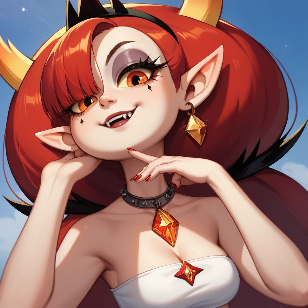 score_9, score_8_up, score_7_up, Hekapoo, star vs. the forces of evil, red hair, 1girl, orange eyes, yellow eyeballs, solo, two curly top hair knot buns with two curly hair strands on the side, strapless crop top, cleavage, baggy pants, jewellery, high-top sneakers, 1girl, solo, close up