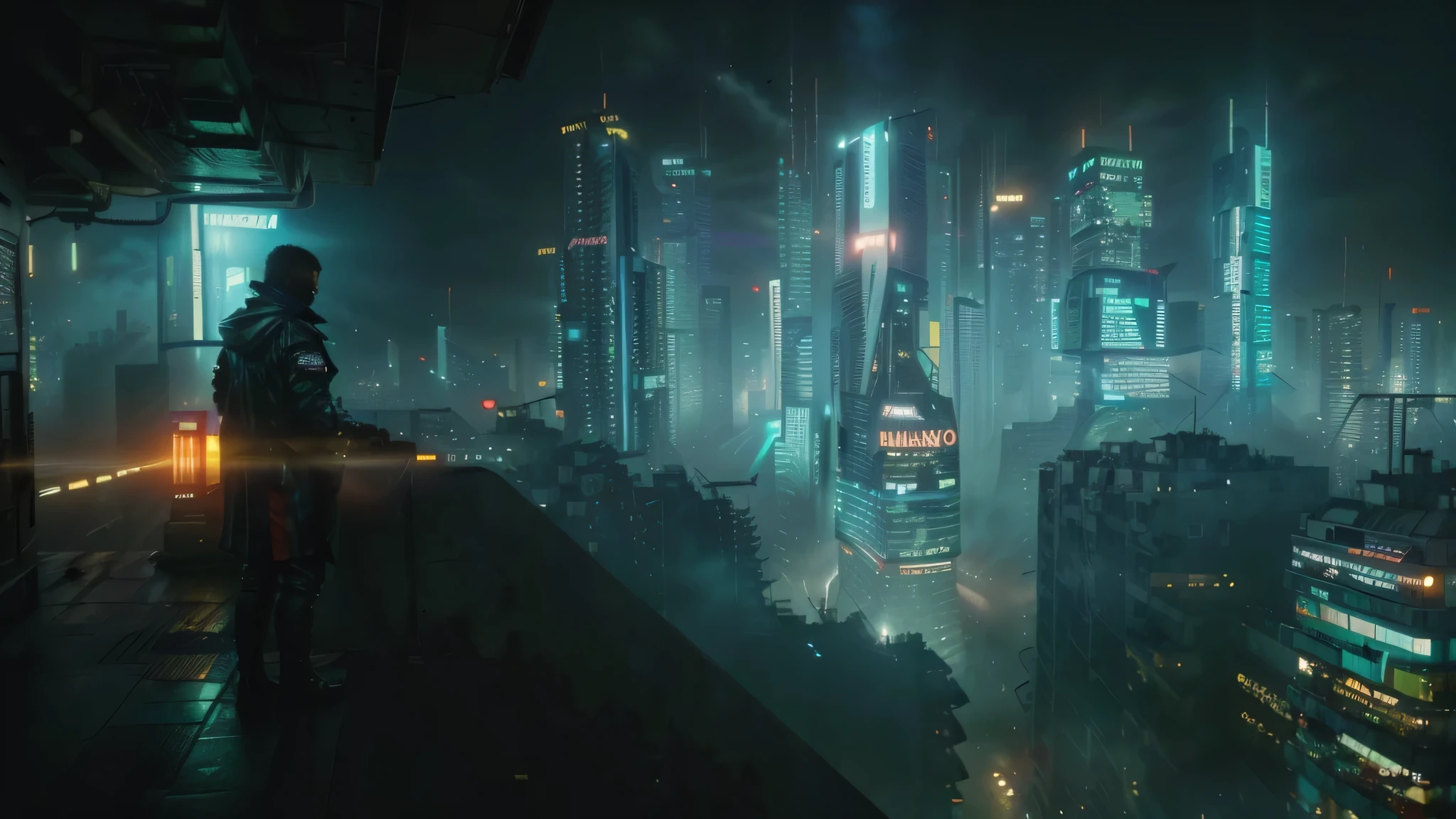 um homem parado em um quarto escuro com o horizonte de uma cidade ao fundo, cidade cyberpunk hiper-realista, Paisagem da cidade de Bladerunner, blade runner vibes, como uma cena de blade runner, cidade de blade runner, cyberpunk city in the distance, cyberpunk 2 0 7 7 noite cidade, cinematic neon matte painting, Blade runner with 4K resolution, cidade de blade runner background