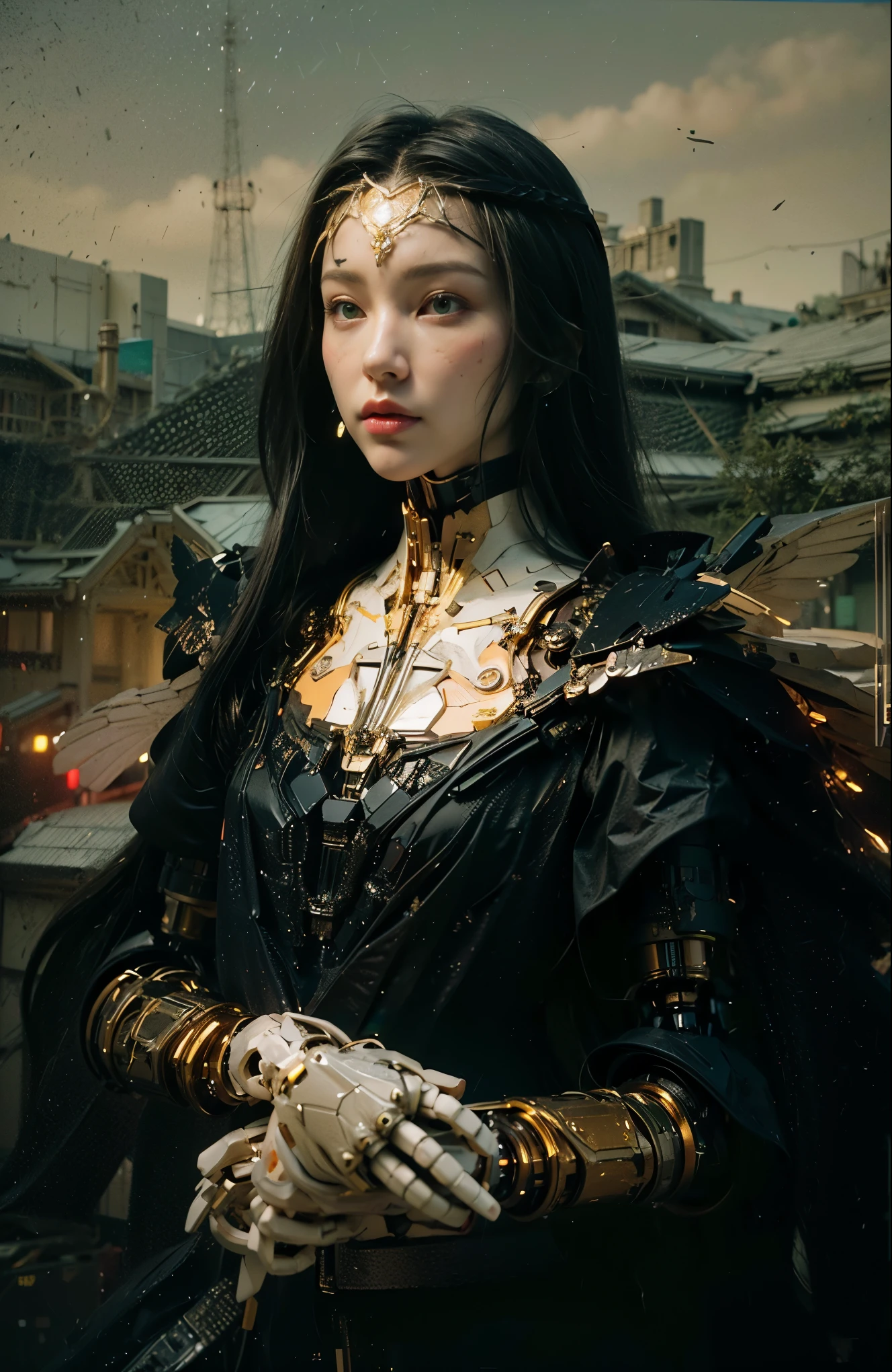 masterpiece, best quality, movie,official art, promotional art, movie wallpaper, extremely detailed CG unity 4k wallpaper, intricate details, white background, full body, concept art, production art, (Mechanical components:1.5),(mechanical prosthesis:1.5), mechanical wings, wings, highres, (realistic, photo-realistic:1.2), physically-based rendering, machinery, reflection, realistic, cyberpunk, symmetric front view close up head shot eyes symmetry face very sharp focus realistic award winning matte drawing cinematic lighting
1girl, robot, (illustration:1.1), slim,
fair skin,delicate face, tights,shine, Bodysuit, (blond long hair),green eyes, laboratory,
chip, shine,braid