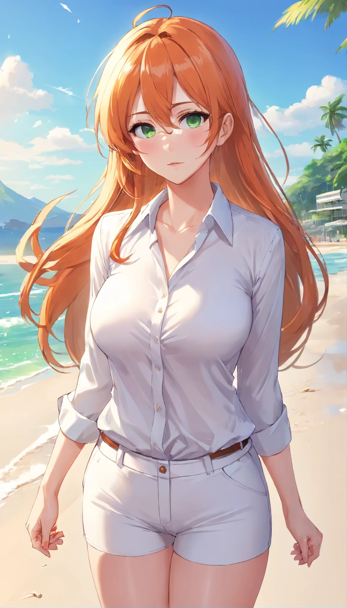 (masterpiece, Best quality), 8K, ultra detailed, realistic photo, Detailed face, perfect lighting, green eyes, bright orange hair, bright hair, fox ears, nice legs, side photo, beautiful, Cute, skin pores, 1 girl, perfect shirt, fully dressed, beautiful women 30 years old, Beautiful proportions, Russian woman, Caucasian, European, Business lady, stunningly beautiful woman, mother, thick legs, show ass, big breasts, (Thin white shirt:1.4), thick, hot, (White Office Wear:1.4), tight pants, (wide hips:1.2), thick, (white Office pants:1.3), spread your legs, Legs open, full length, wide hips, Glasses, with long orange hair, standing on the beach near the ocean, green eyes detailed digital anime art, cat ear, anime girl with long hair, гладкое аниме cg art, anime girl with long hair, digital anime art, work in Guweiz style, Beautiful anime portrait, Photorealistic render of an anime girl, pantyhose, Beautiful anime girl, advanced digital anime art, guweiz на artstation pixiv HD UHD HQ
