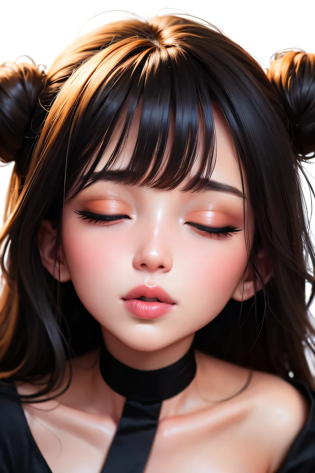 Amazing portrait of a sexy woman with a beautiful face emphasized by sexy makeup with beautifully detailed eyes and beautifully detailed lips with an extremely detailed eyes and face with long eyelashes and her black hair in a bun with her seductive eyes in an intense gaze and her mouth open with a deep blush with a flustered expression having a beautiful long neck and collarbone and a medium chest with cleavage wearing a blue saree with a lustful expression and posing sultry