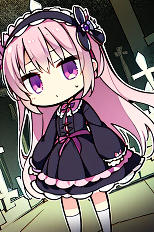A pink haired woman with violet eyes and an hourglass figure in a Gothic lolita dress is eating a cookie in a creepy forest