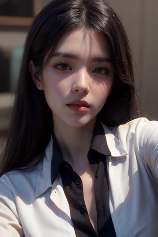 photorealistic, masterpiece, best quality, raw photo, 1girl, solo, long hair, brown hair, detailed face, alluring face, collared shirt, medium breasts, dynamic pose, looking at viewer, from below, detailed background, fine detailed, intricate detail, ray tracing, depth of field, low key, hdr