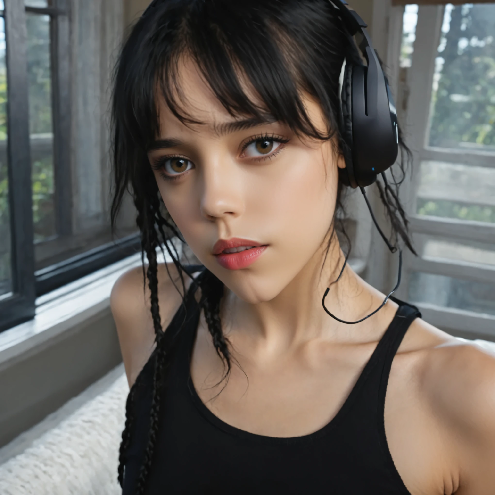 Jenna Ortega with headphones standing in front of a window, Sie hat schwarze Haare mit Pony, Isabela Moner, sieht aus wie Fabiula Natal, perfektes Gesicht!!!, ihr Gesicht sieht aus wie eine Orchidee, beautiful latina face, pretty face!!, perfektes Gesicht!!, sie sieht aus wie eine Mischung aus Grimes, Very pretty face, Wunderpretty face