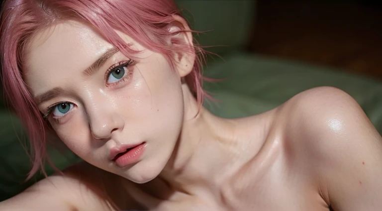 young woman, short shoulder-length pink hair, wide forehead, porcelain skin, pink eyebrows, big emerald green eyes, buttoned nose, full lips, heart-shaped face, slender body, small breasts, red tank top, Sakura Haruno , realistic, realism, details, 3d, well detailed