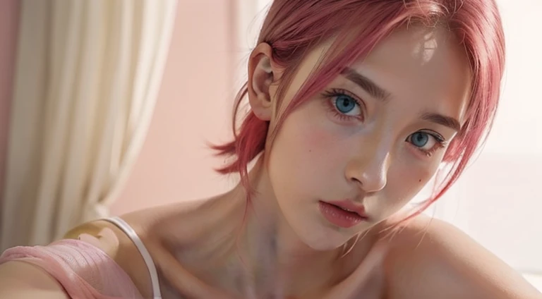 young woman, short shoulder-length pink hair, wide forehead, porcelain skin, pink eyebrows, big emerald green eyes, buttoned nose, full lips, heart-shaped face, slender body, small breasts, red tank top, Sakura Haruno , realistic, realism, details, 3d, well detailed
