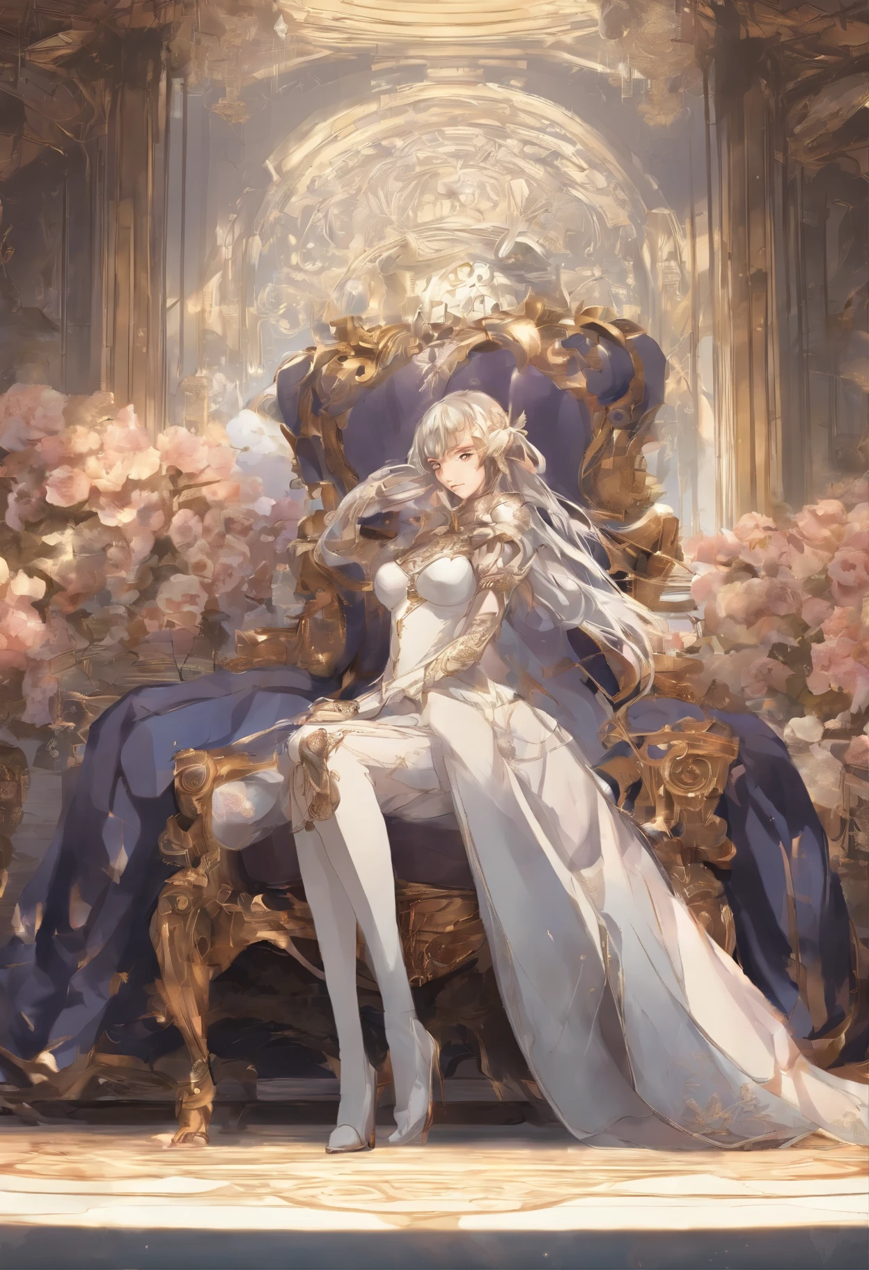 there is a man and woman sitting on a chair in a room, a character portrait inspired by hajime sorayama, pixiv, serial art, manhwa, on her throne, anime key visual of elegant, official fanart, high detailed official artwork, sakimichan and frank franzzeta, sitting on her throne, sitting on the throne