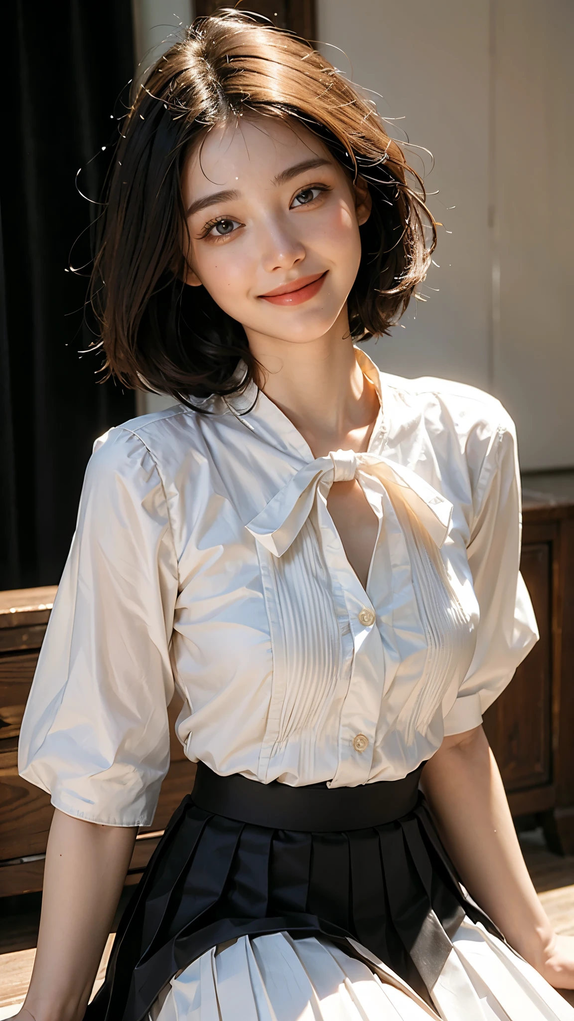 highest quality, masterpiece, Ultra-high resolution,(((Face Focus:1.6))) (Realistic:1.6), RAW Photos, 1 girl, 22 years old,(((White blouse))),((Long pleated skirt)),((Black Short Hair)),,((Looking up at the audience)),Realistic,((background)), Image Media Chest)),((Smiling with teeth showing)),