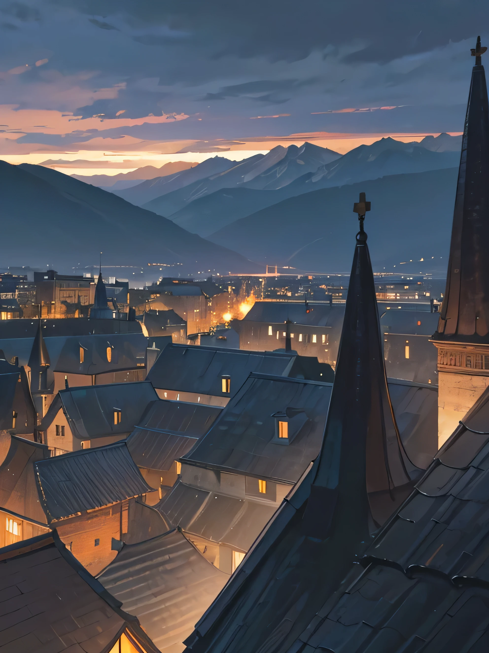 chapel dark fantasy dark wood roof dark wood roof  the city and the mountains in the distance behind roof night dark night good architecture no light in chapel and town 