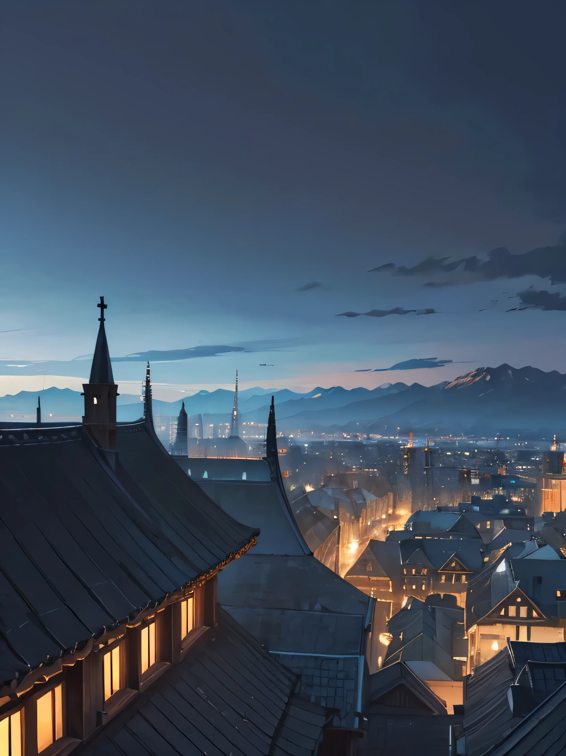 chapel dark fantasy dark wood roof dark wood roof the city and the mountains in the distance behind roof night dark night good architecture no light in chapel and town