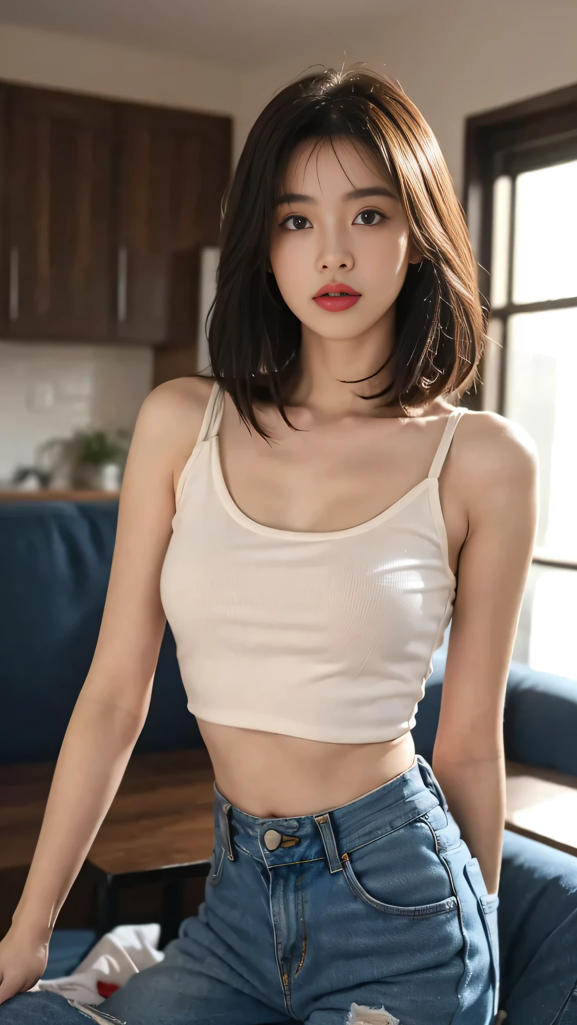 masterpiece, top-quality, 1 beautiful girl, (Detailed beautiful eyes), ((Detailed skin)) , ((Detailed medium hair )), A beautiful 170cm, in colorful clothings hiphop style, crop top, tank top and ripped jeans, at the living room, RAW photos, CG rendering, Blurred background, deep shadow,  16K, bokered,  Very detailed, wallpaper, depth of field, movie light, Ray tracing, 